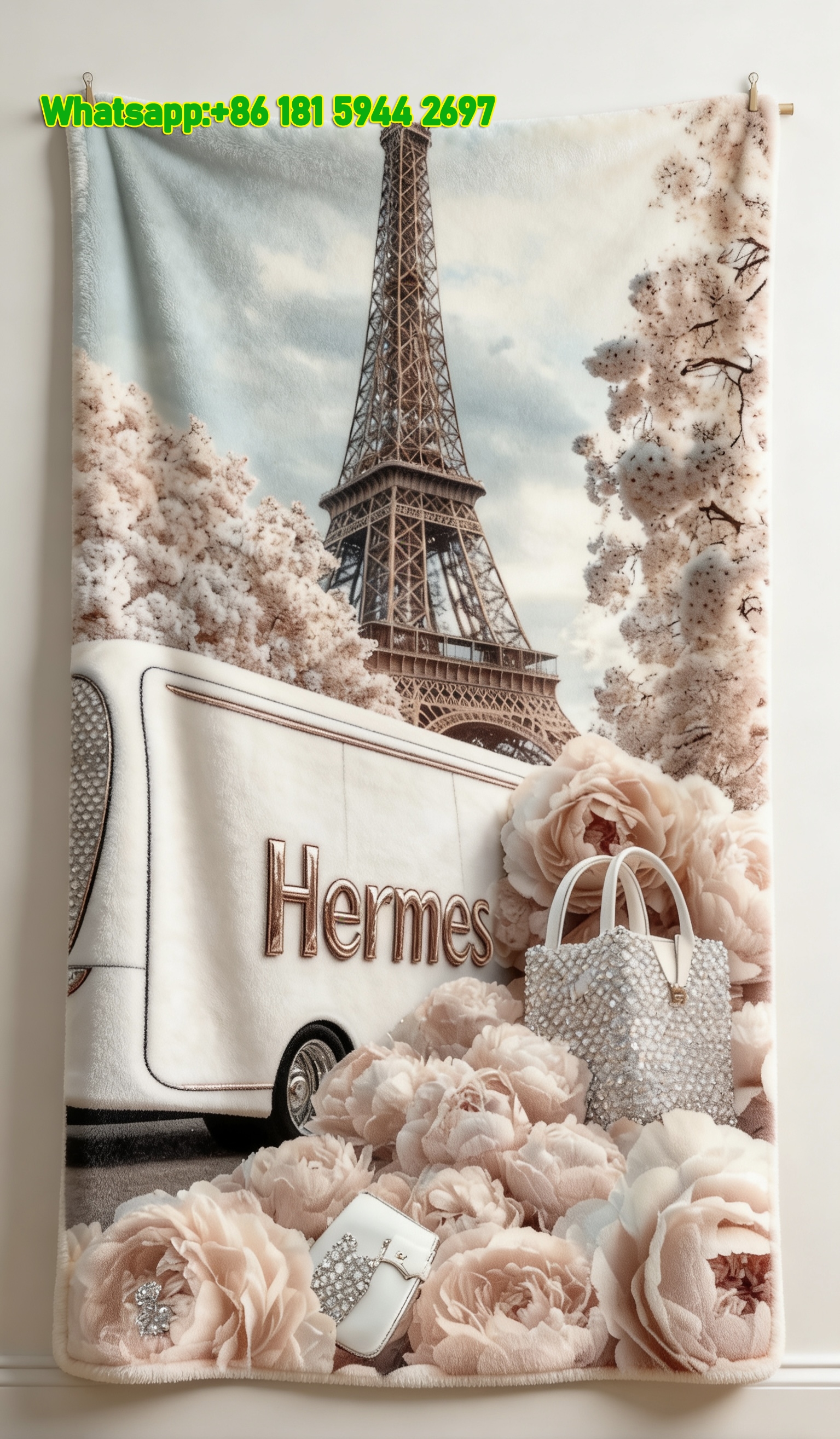 Hermès Luxury Paris Eiffel Tower Peony Flannel Throw Blanket IMG_5204